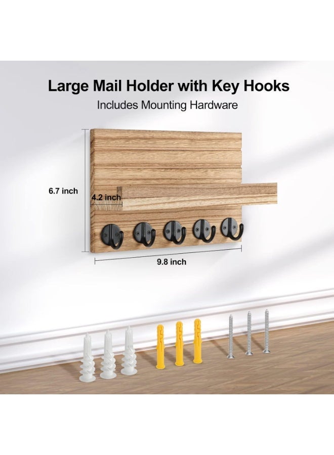 Key Holder for Wall, Decorative Key and Mail Holder with Shelf Has Large Key Hooks for Bags, Coats – Paulownia Wood Key Hanger with Mounting Hardware (9.8”W x 6.7”H x 4.2”D) (Burnt wood) - Image 2